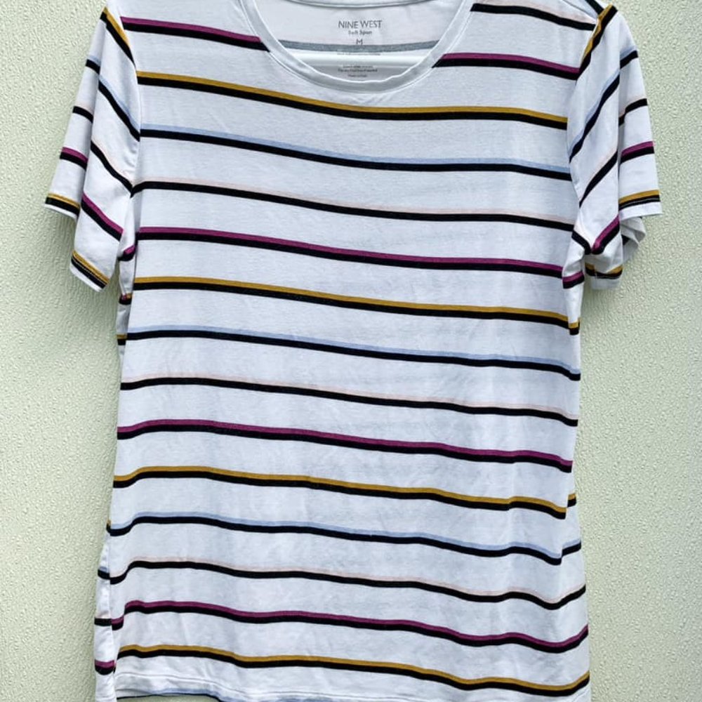 Nine West | Soft Spun Tee | White with Strips | Womens M
